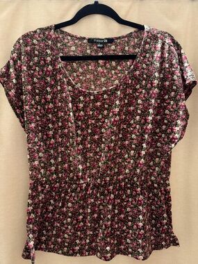 Forever 21 Black Floral Short Sleeve Peplum Blouse with Pink Blossoms